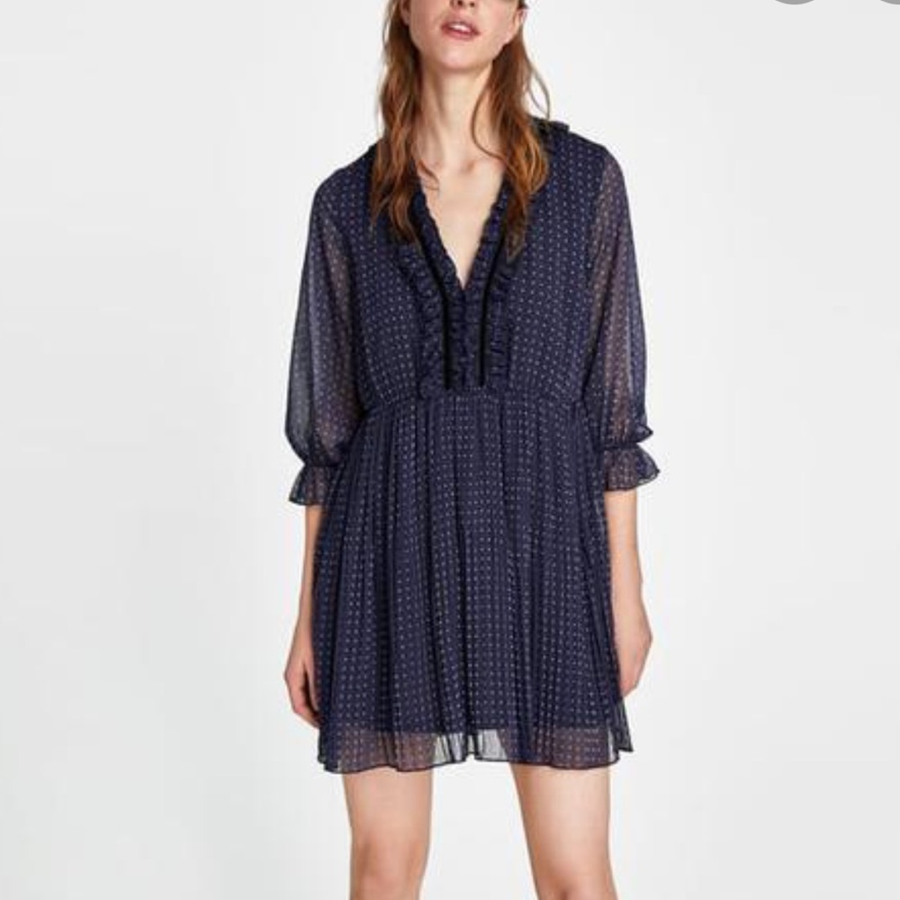 Zara Navy Pleated Long-Sleeve Mini Dress - Size Small - Elegant Style